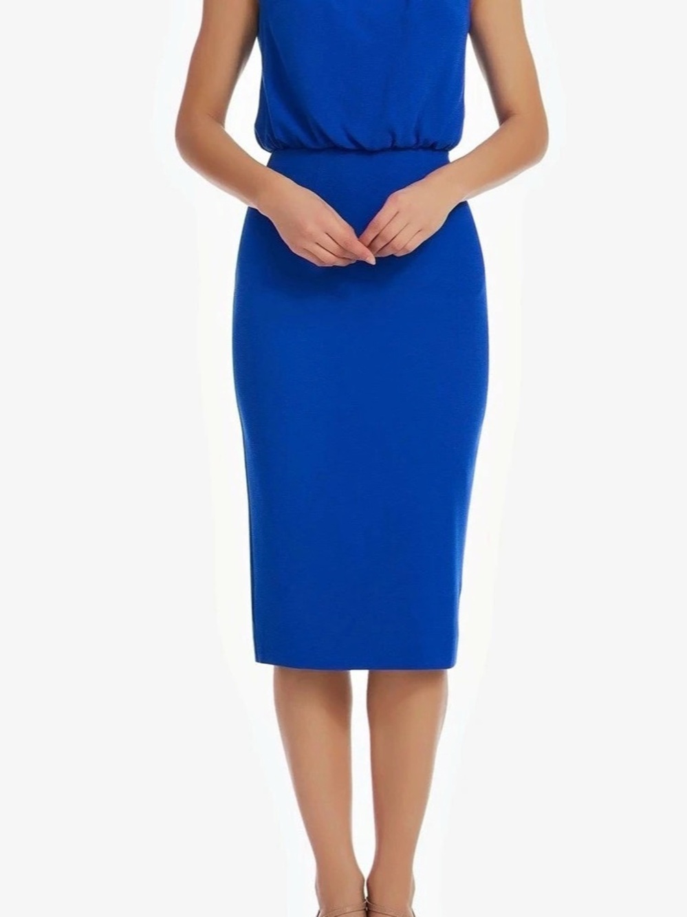 Dress The Population Amada Pleat Neck Blouson Midi Dress  in Electric Blue.